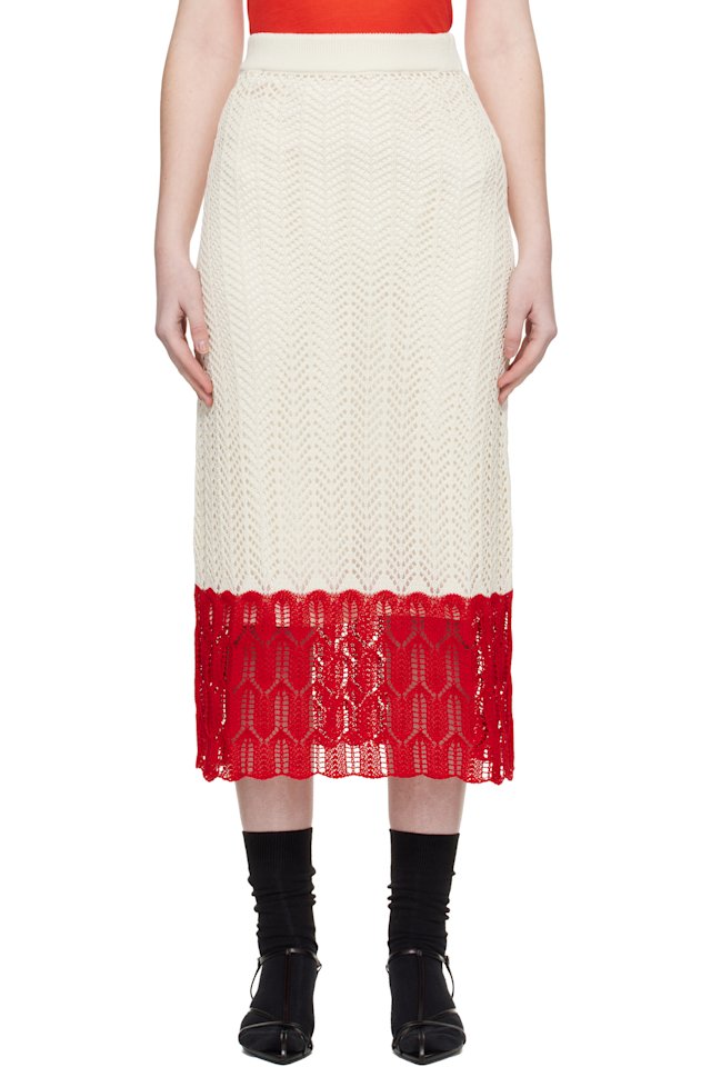 Jil Sander — Off-White & Red Bicolor Lace Midi Skirt