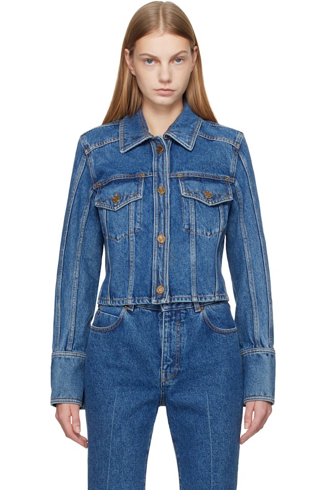 BALMAIN — Blue Cropped Faded Denim Jacket