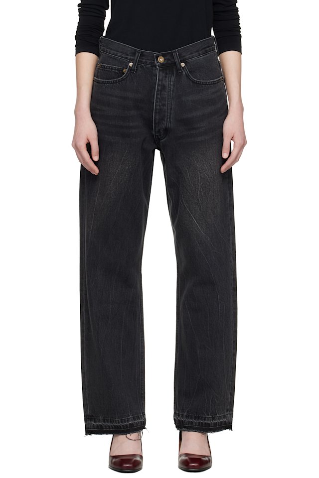 TONYWACK — Black Frayed Hem Loose Straight Denim Jeans