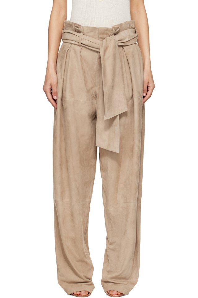 BALMAIN — Beige Suede High-Waisted Trousers