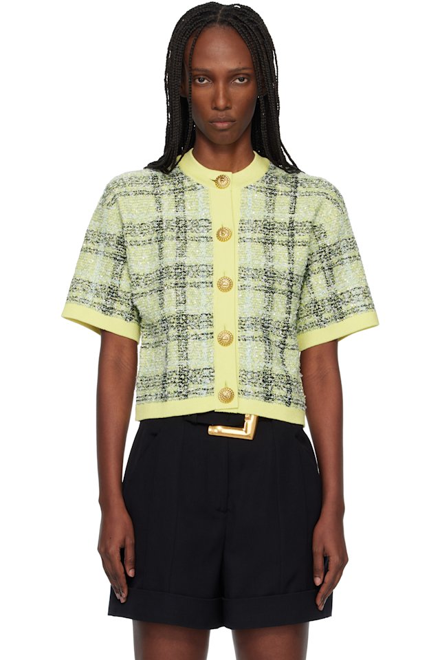 BALMAIN — Yellow Buttoned Shiny Light Tweed Cardigan