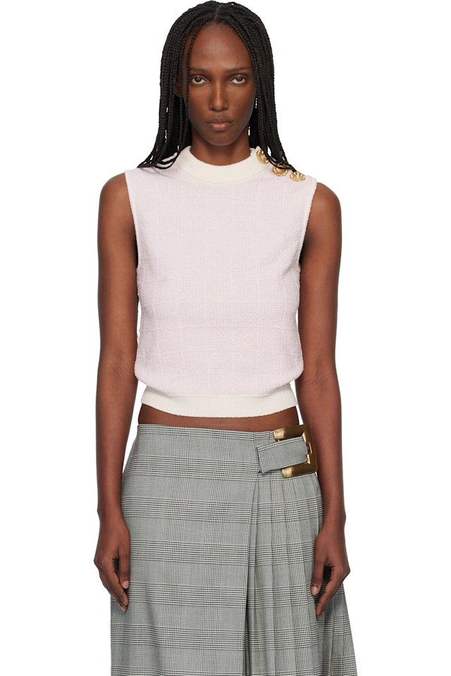 BALMAIN — Pink Tweed Button Crop Tank Top