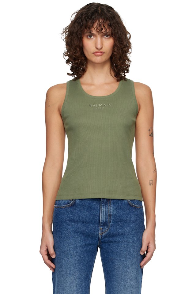 BALMAIN — Khaki 'Balmain Paris' Jersey Tank Top