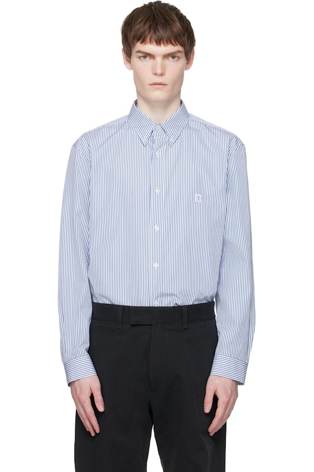 BALMAIN — Blue & White Embroidered Pinstripe Popeline Regular Shirt
