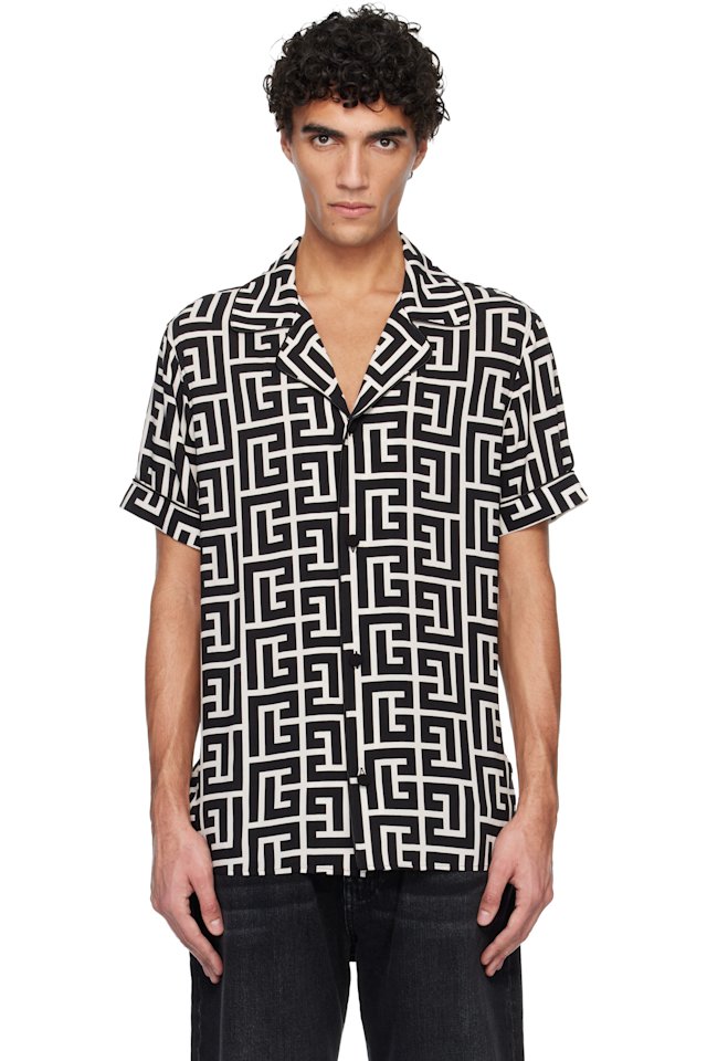 BALMAIN — Black & White Pyjama Monogrammed Print Shirt