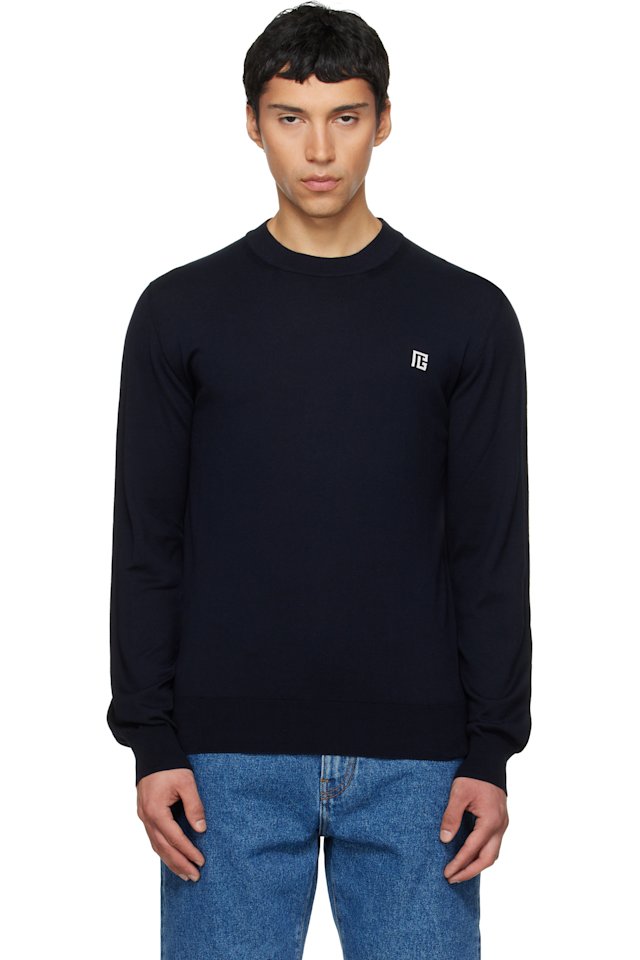 BALMAIN — Navy Fine Silk & Cotton Sweater