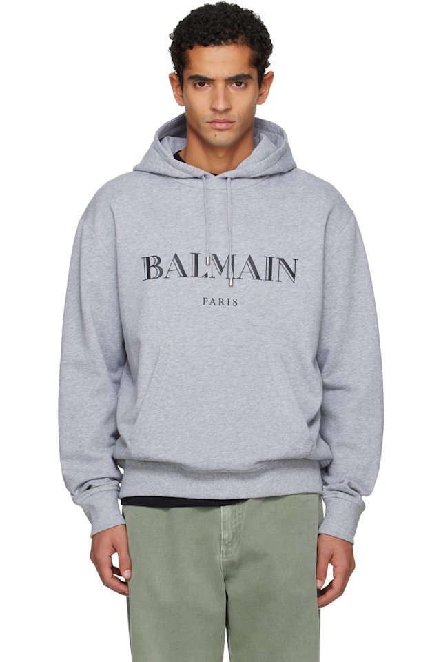 BALMAIN — Gray 'Balmain' Printed Hoodie