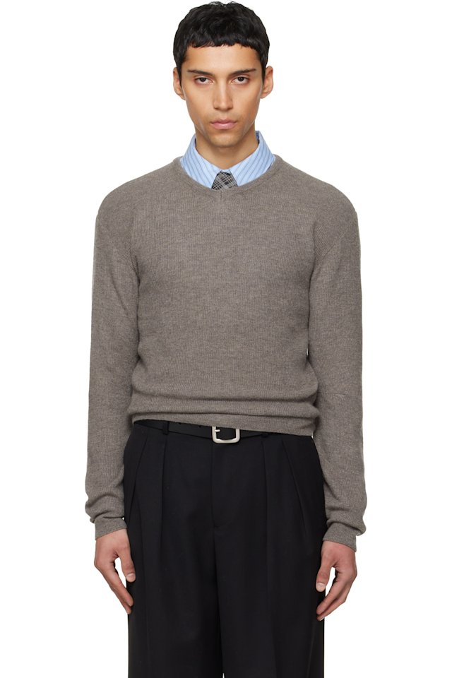 TONYWACK — Taupe Superfine Wool Commando V-Neck Knit Sweater