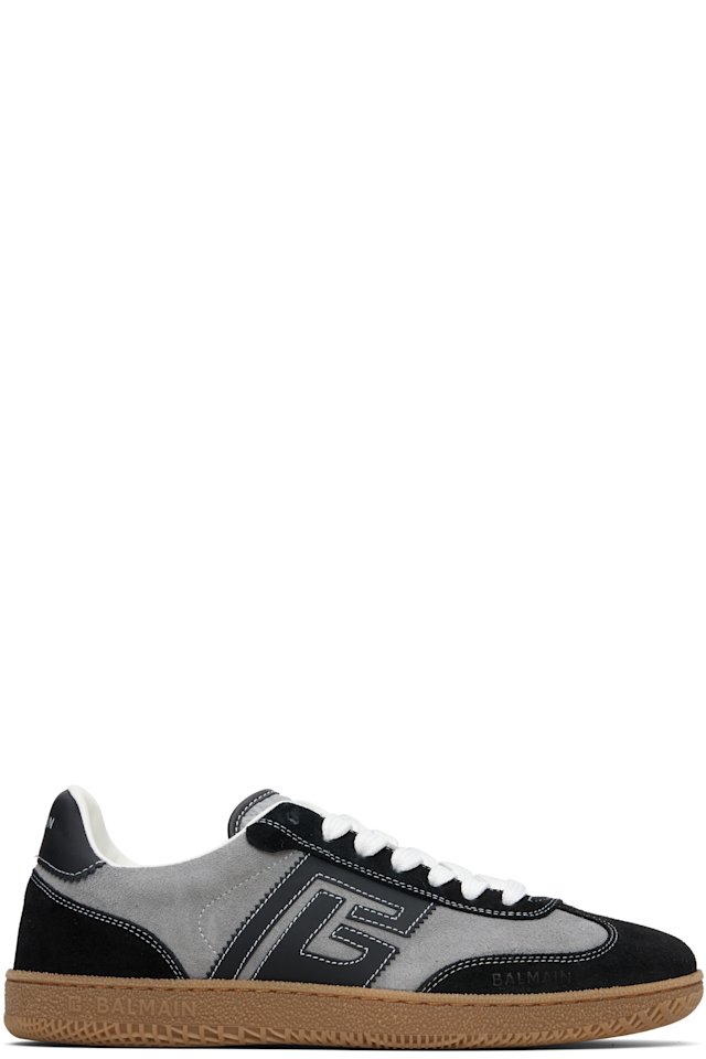 BALMAIN — Gray & Black Suede 'Balmain Swan' Sneakers
