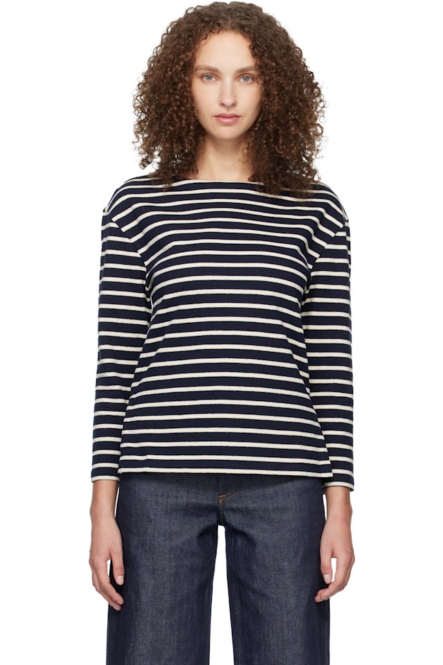 A.P.C. — Navy Striped Three-Quarter Sleeve T-shirt
