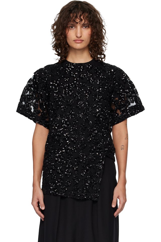 Junya Watanabe — Black Floral Sequins Pointed T-Shirt