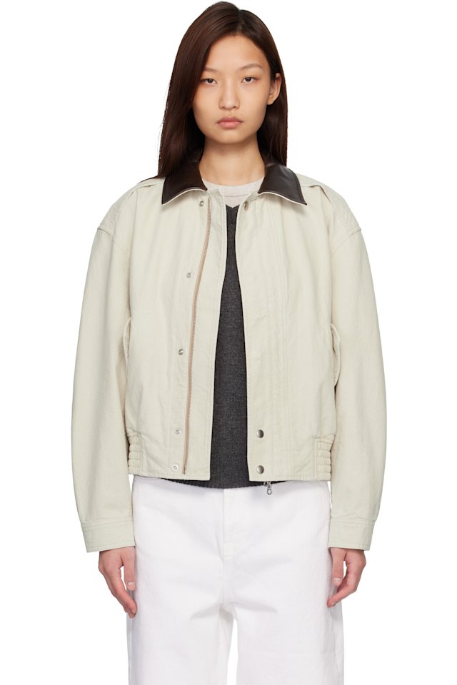 COOR — Beige Leather Collar Washed Cationized Bomber Jacket