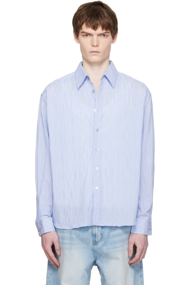 COOR — Blue Semi-Overfit Wrinkle Stripe Shirt