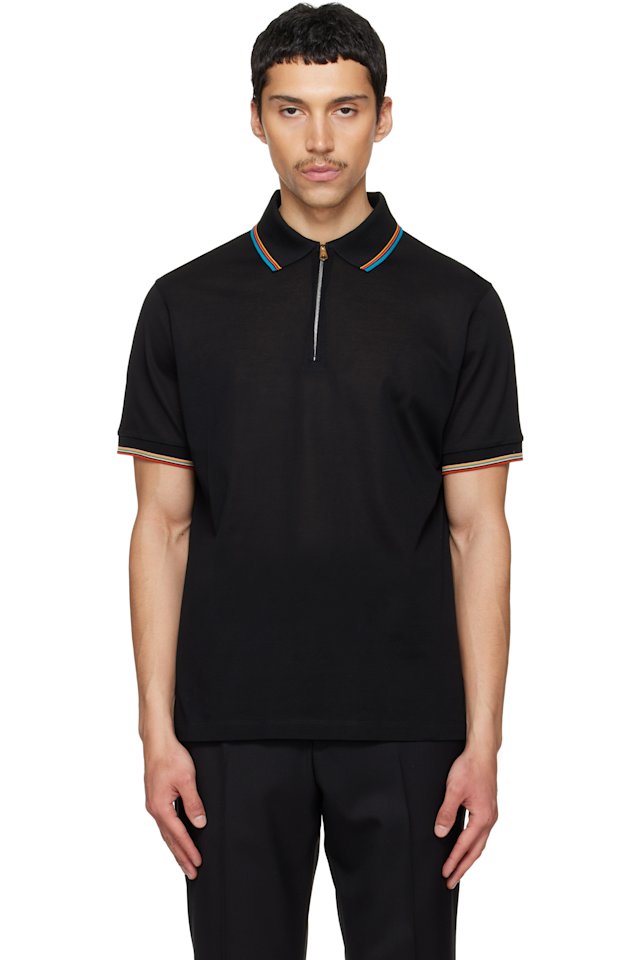 Paul Smith — Navy Cotton 'Signature Stripe' Trim Zip Polo