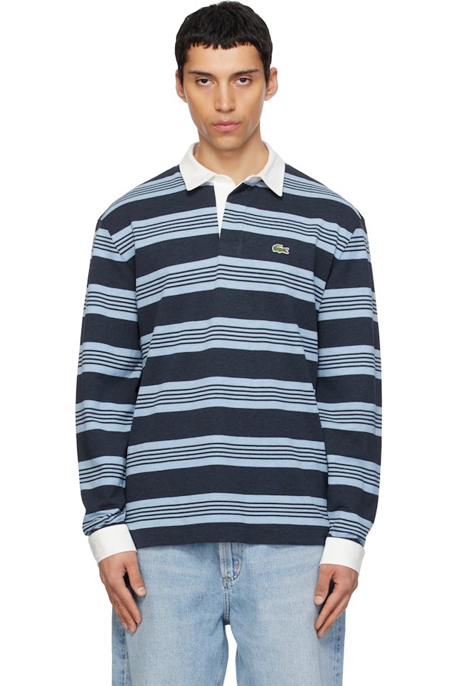 Lacoste — Navy & Blue Relaxed Fit Striped Piqué Rugby Polo