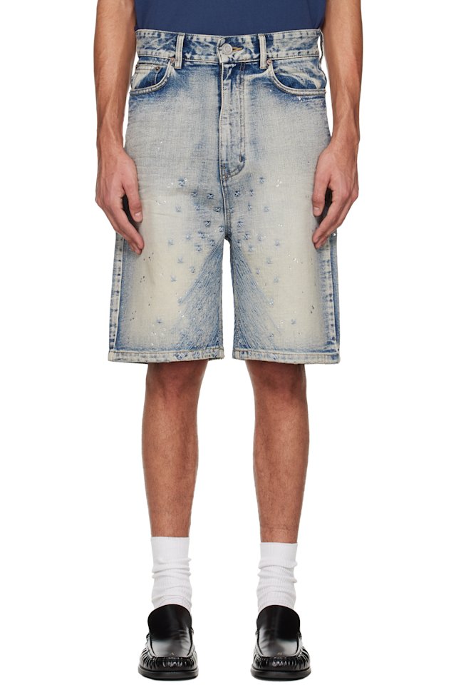 We11done — Blue Embroidery Washed Denim Shorts