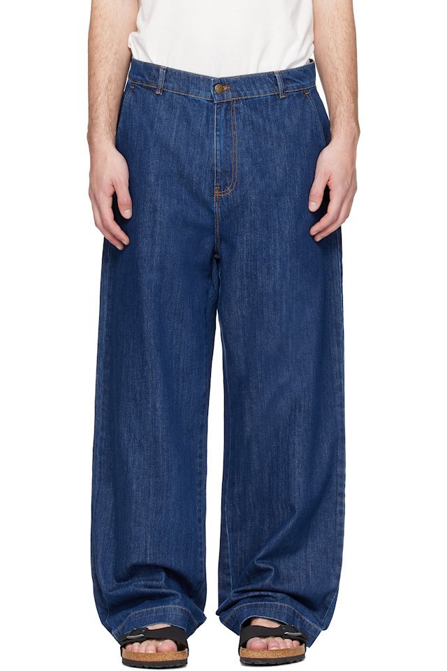 Merz b. Schwanen — Blue 1940s Cotton Denim High Rise Wide Leg Chino Jeans