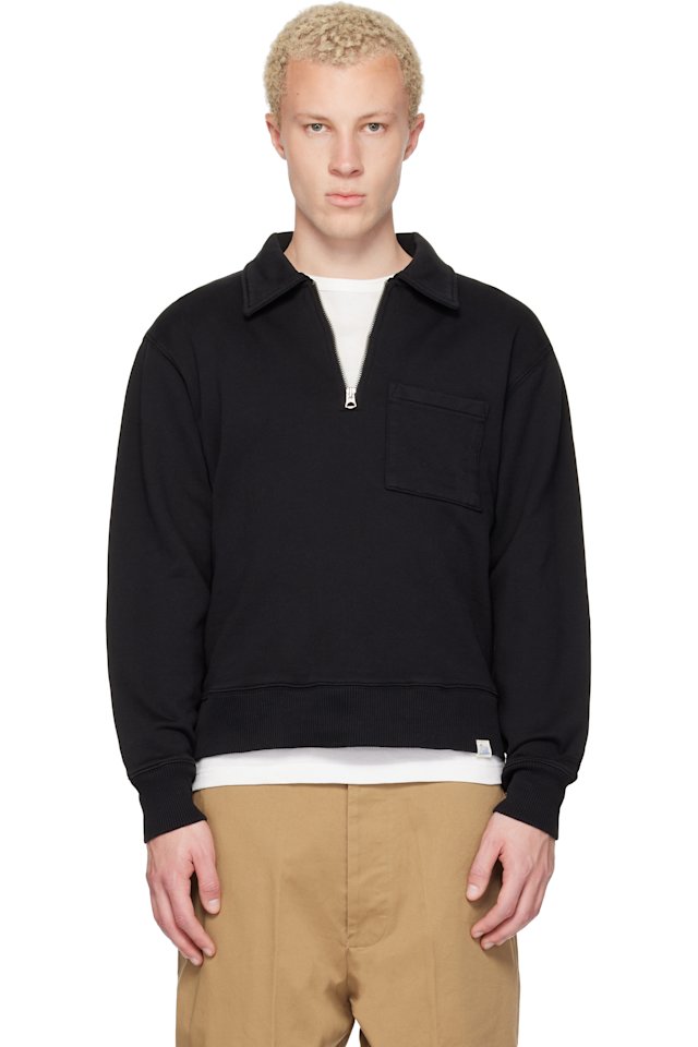 Merz b. Schwanen — Black Authentic Fleece Polo Collared Half-Zip Cotton Sweatshirt