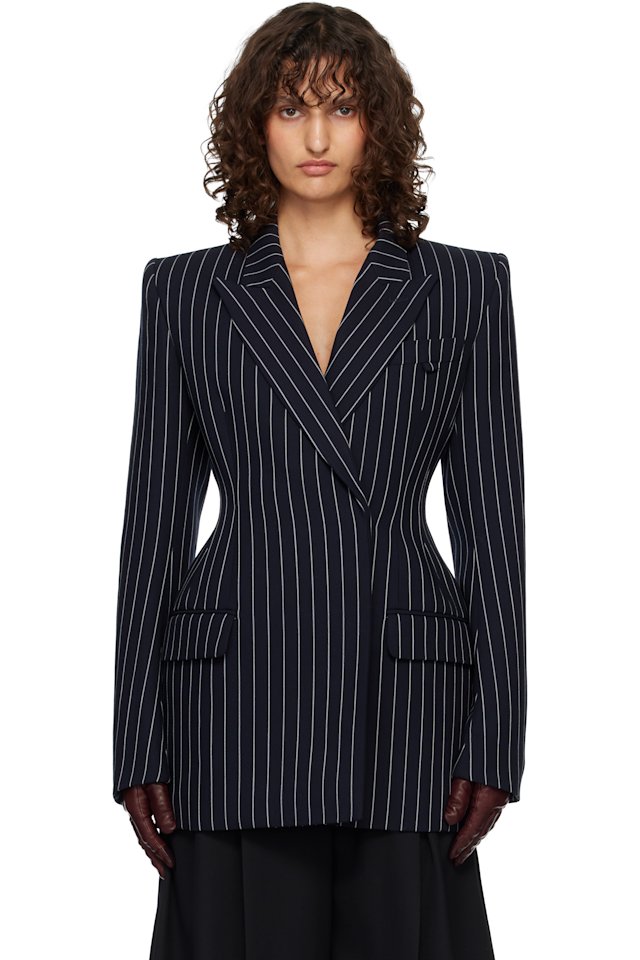 Mugler — Navy Pinstripe Hourglass Blazer