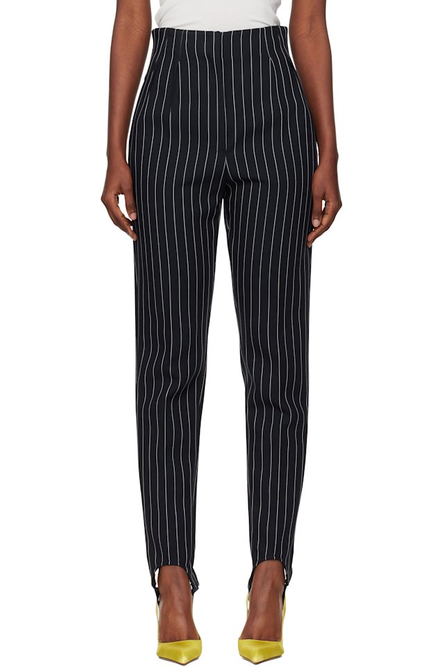 Mugler — Navy Pinstripe Cigarette Stirrup Trousers