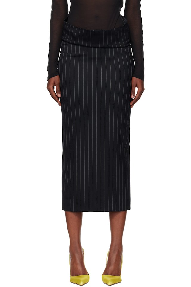 Mugler — Navy Pinstripe Stretch Tube Midi Skirt