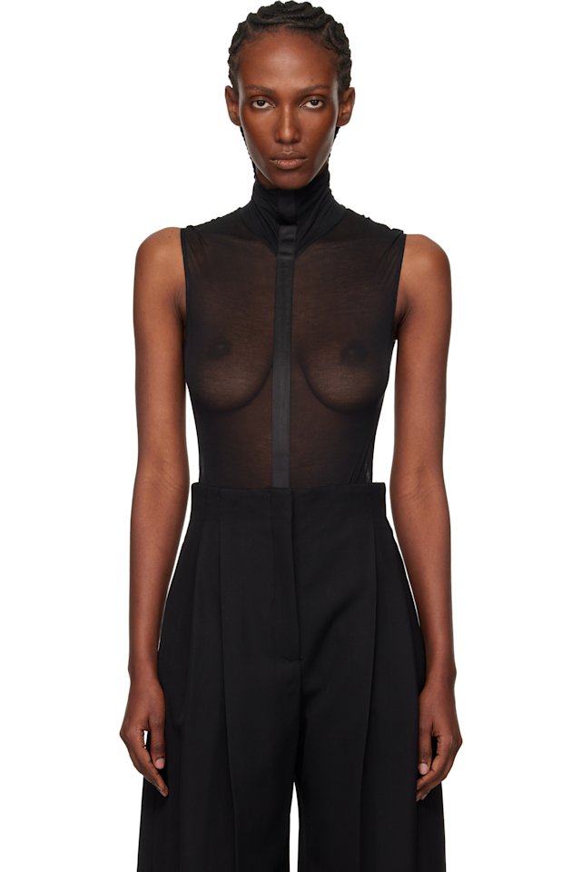 Mugler — Black Sleeveless Tuxedo Bodysuit