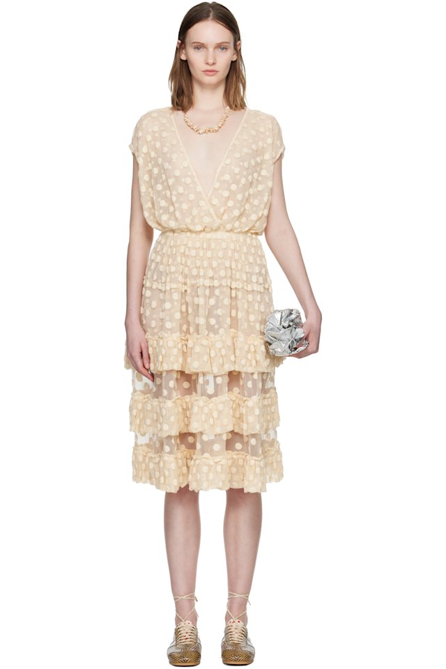 Dries Van Noten — Off-White Ruffled Mesh Midi Dress
