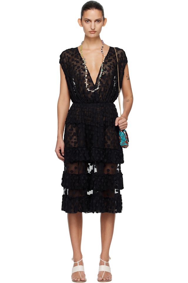 Dries Van Noten — Black Ruffled Mesh Midi Dress
