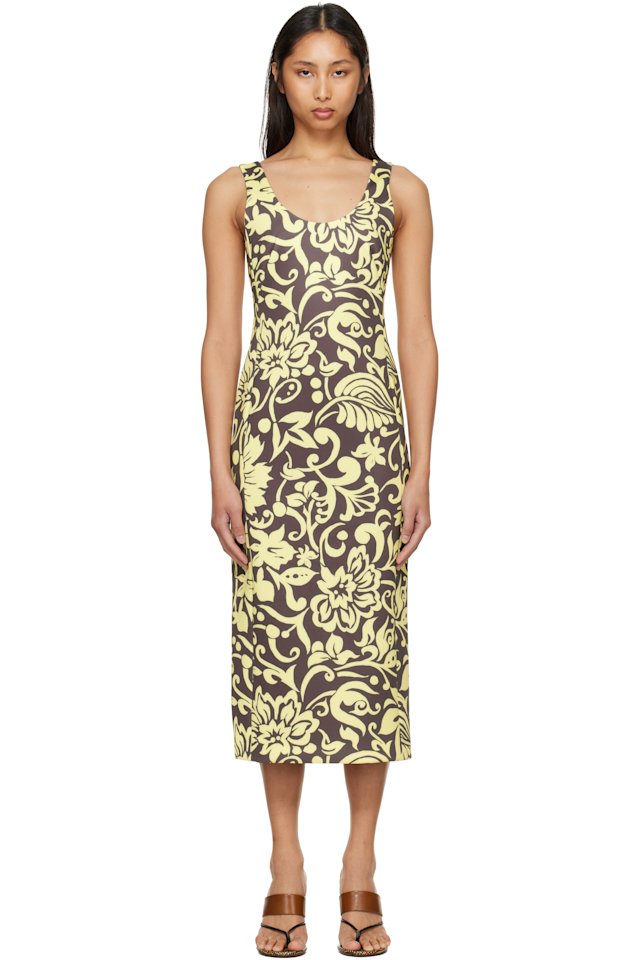 Dries Van Noten — Yellow & Taupe Fitted Structured Maxi Dress
