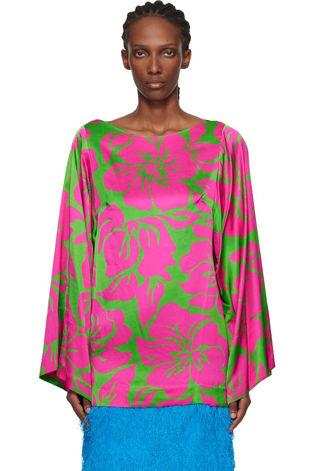 Dries Van Noten — Pink & Green Satin Floral Print Blouse