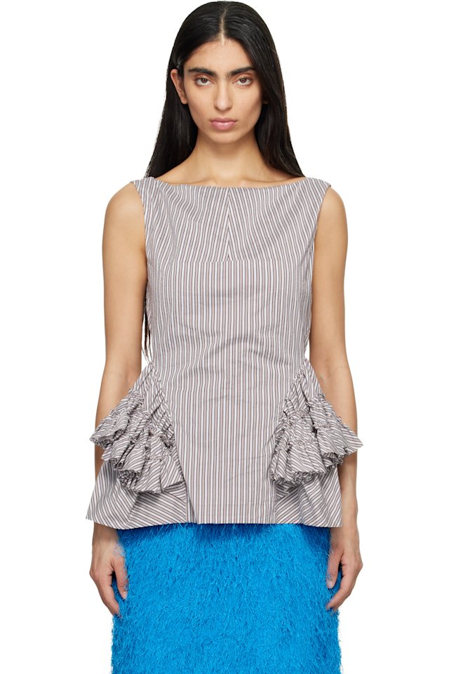 Dries Van Noten — Brown & White Ruffled Peplum Blouse
