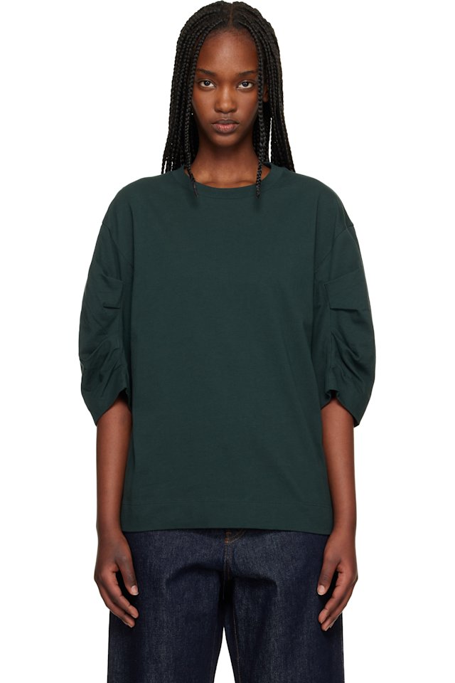 Dries Van Noten — Green Pleated Sleeve T-shirt