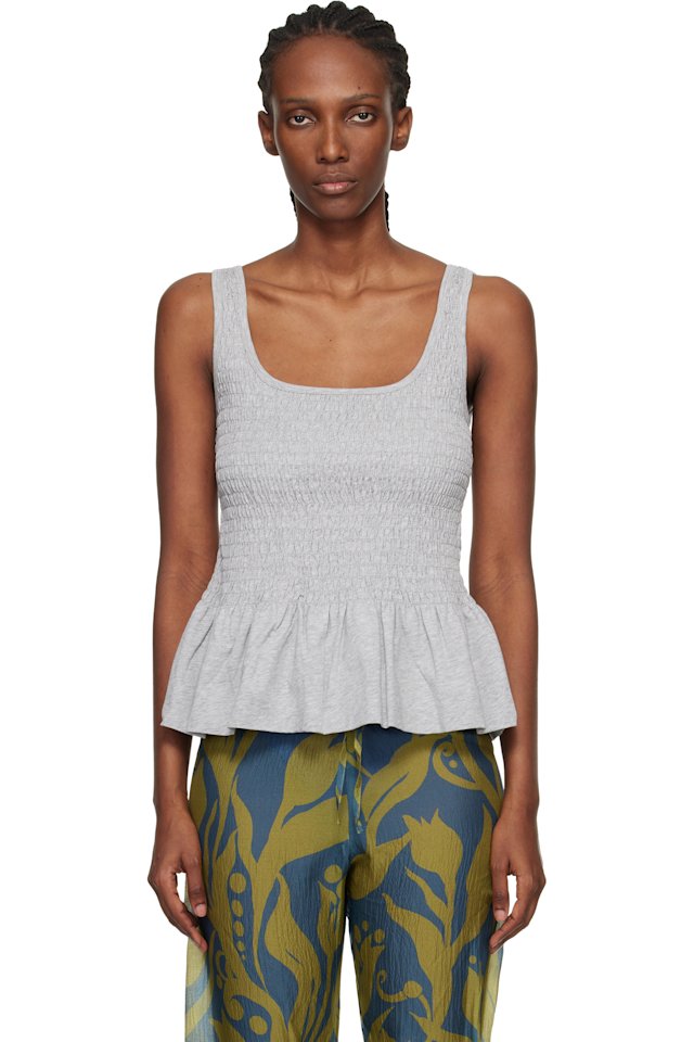 Dries Van Noten — Gray Shirred Ruffle Top