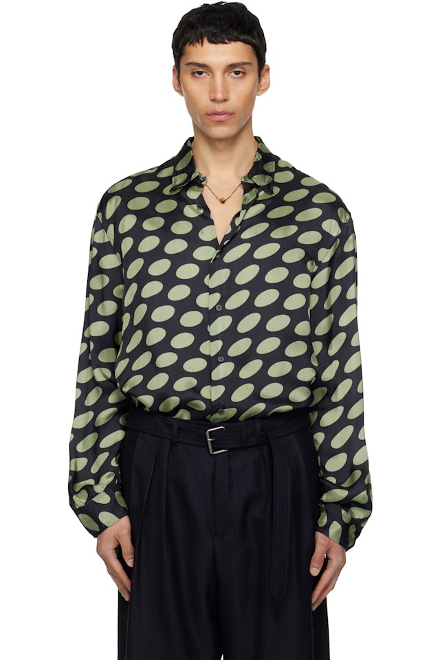 Dries Van Noten — Black & Green Polka-Dot Satin Shirt