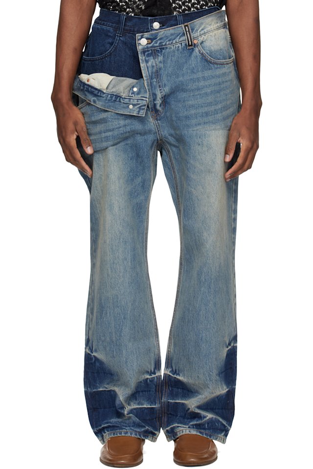 Andersson Bell — Blue Asymmetric Layered Wide-Leg Jeans