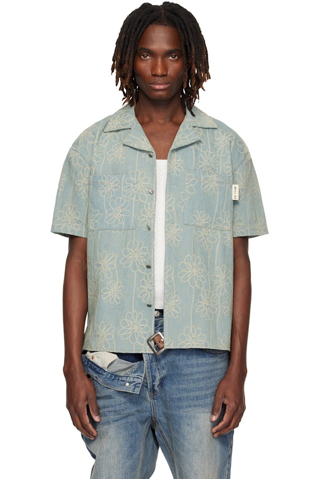 Andersson Bell — Blue Flower Embroidery Open Collar Denim Shirt