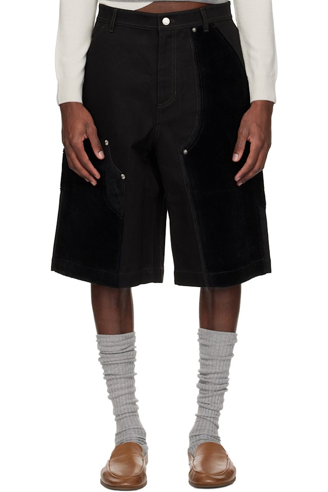 Andersson Bell — Black Faux Pony Patchwork Carpenter Shorts