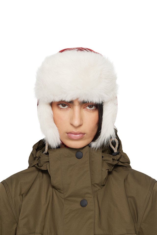 Burberry — Red & Off-White Check Wool Trapper Hat