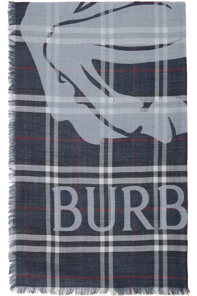 Burberry — Navy Wide EKD Check Wool Silk Scarf