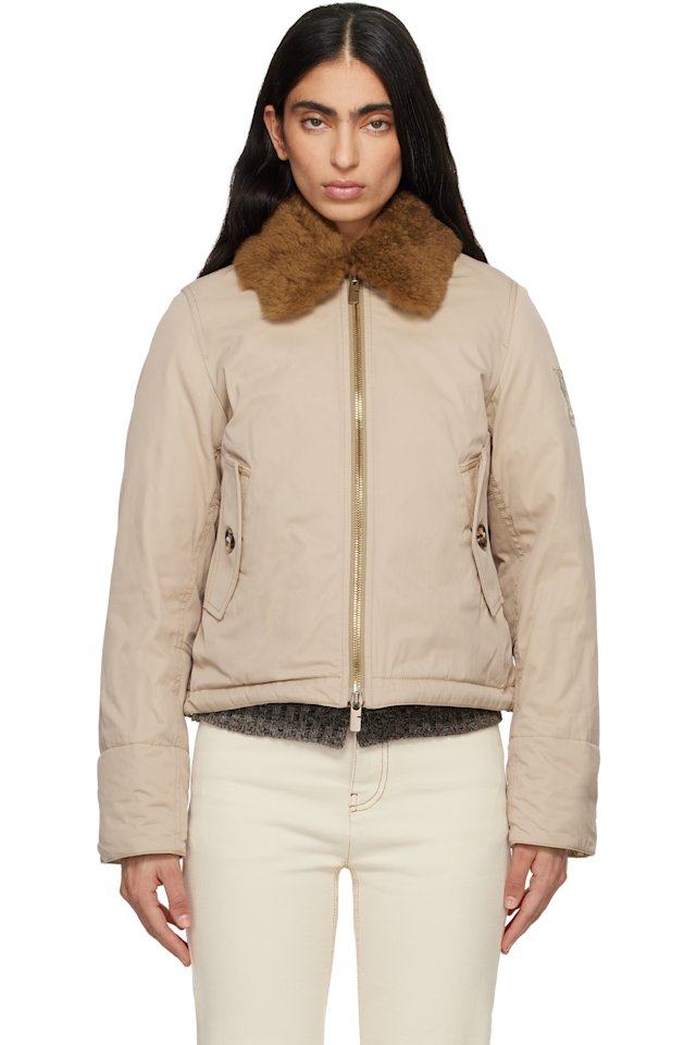 Burberry — Beige Shearling Collar Gabardine Down Bomber Jacket