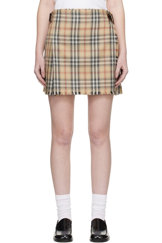 Burberry — Beige Check Wool Mini Kilt Miniskirt
