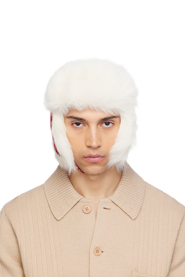 Burberry — Red & Off-White Check Wool Trapper Hat