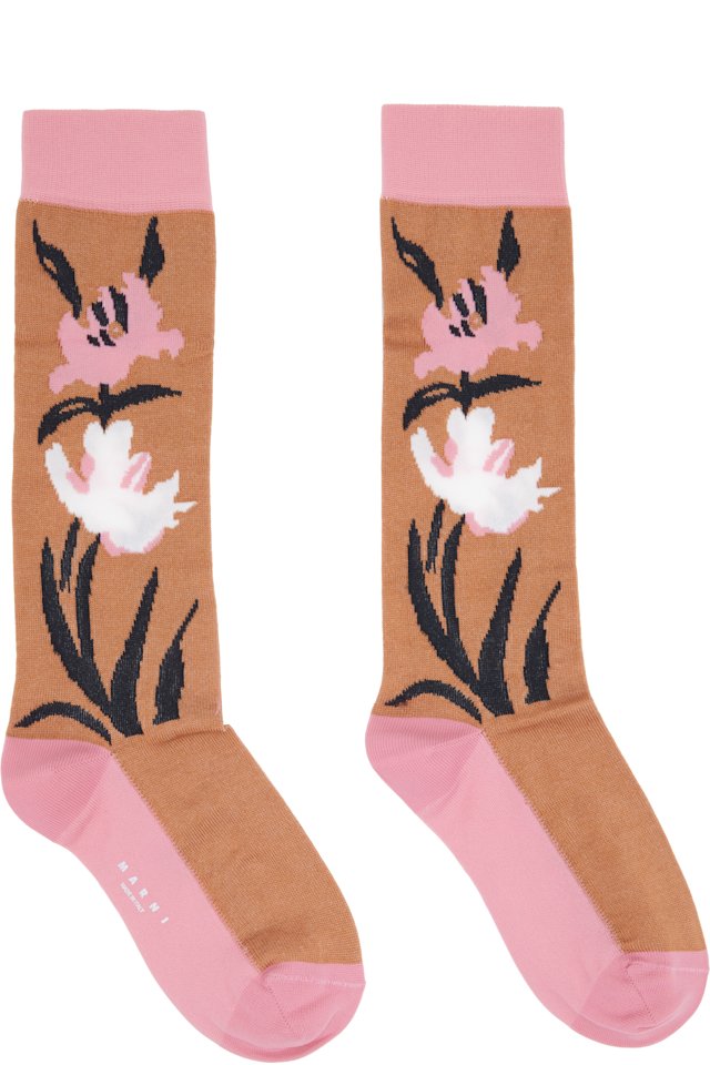 Marni — Tan & Pink Intarsia Flower Mid-Calf Socks