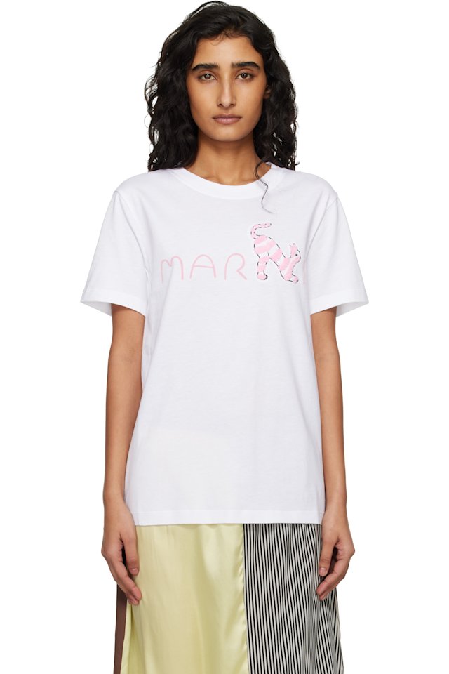 Marni — White Marni Logo Flock Fluffy Cat Jersey T-shirt