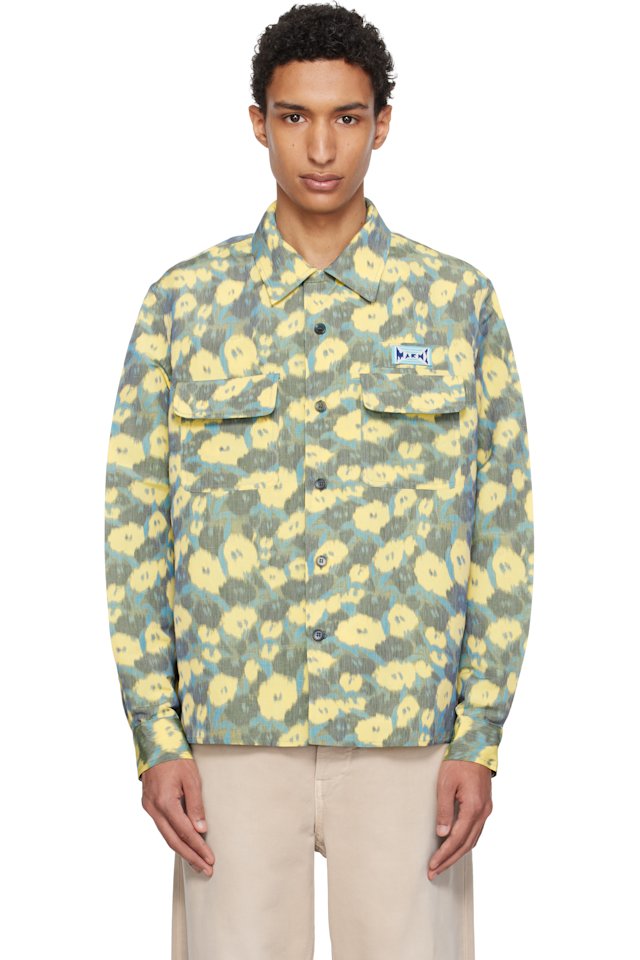 Marni — Green & Yellow Linen Blend Blurry Floral Print Shirt