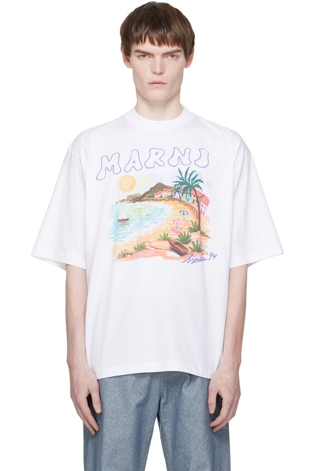 Marni — White Cotton 'Marni Beach Postcard Print' T-shirt