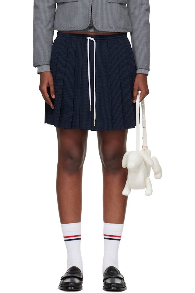 Thom Browne — Navy & Black Wool Seersucker Drawstring Pleated Miniskirt