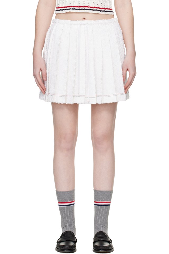 Thom Browne — White Eyelash Tweed Drawstring Pleated Miniskirt