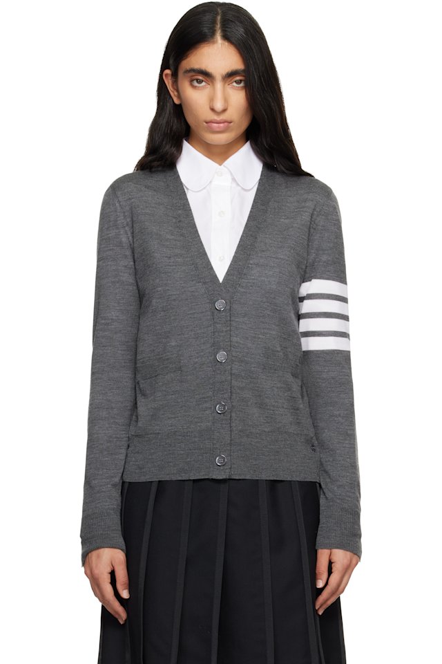 Thom Browne — Gray Merino Wool 4-Bar Relaxed Fit V-Neck Cardigan