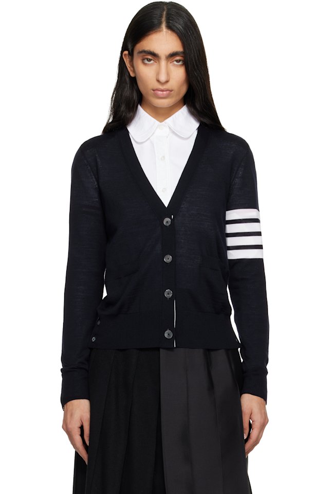 Thom Browne — Navy Merino Wool 4-Bar Relaxed Fit V-Neck Cardigan